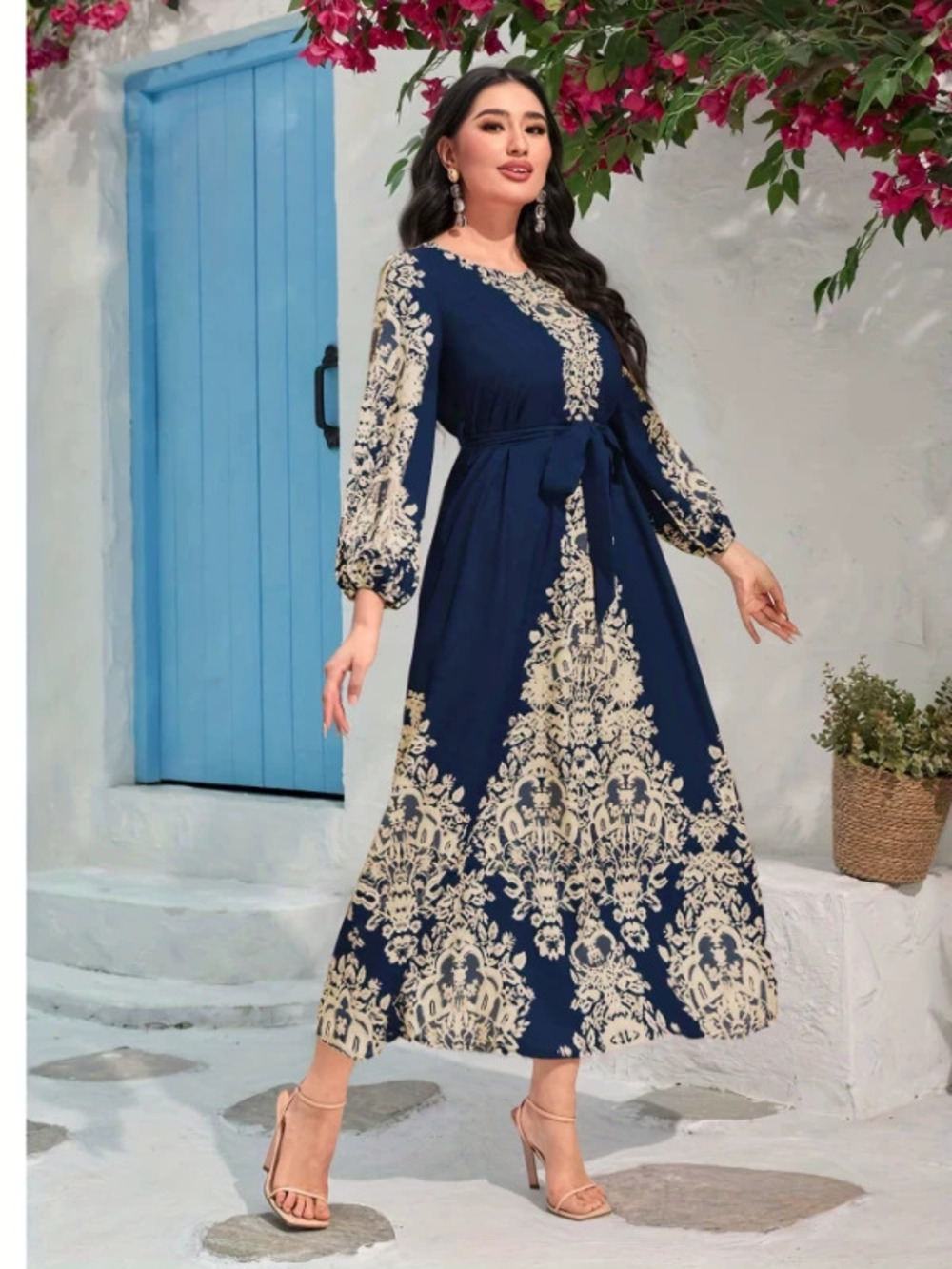 Hot Selling Fashion Digital Print Long Sleeve Maxi Dress Real Photo